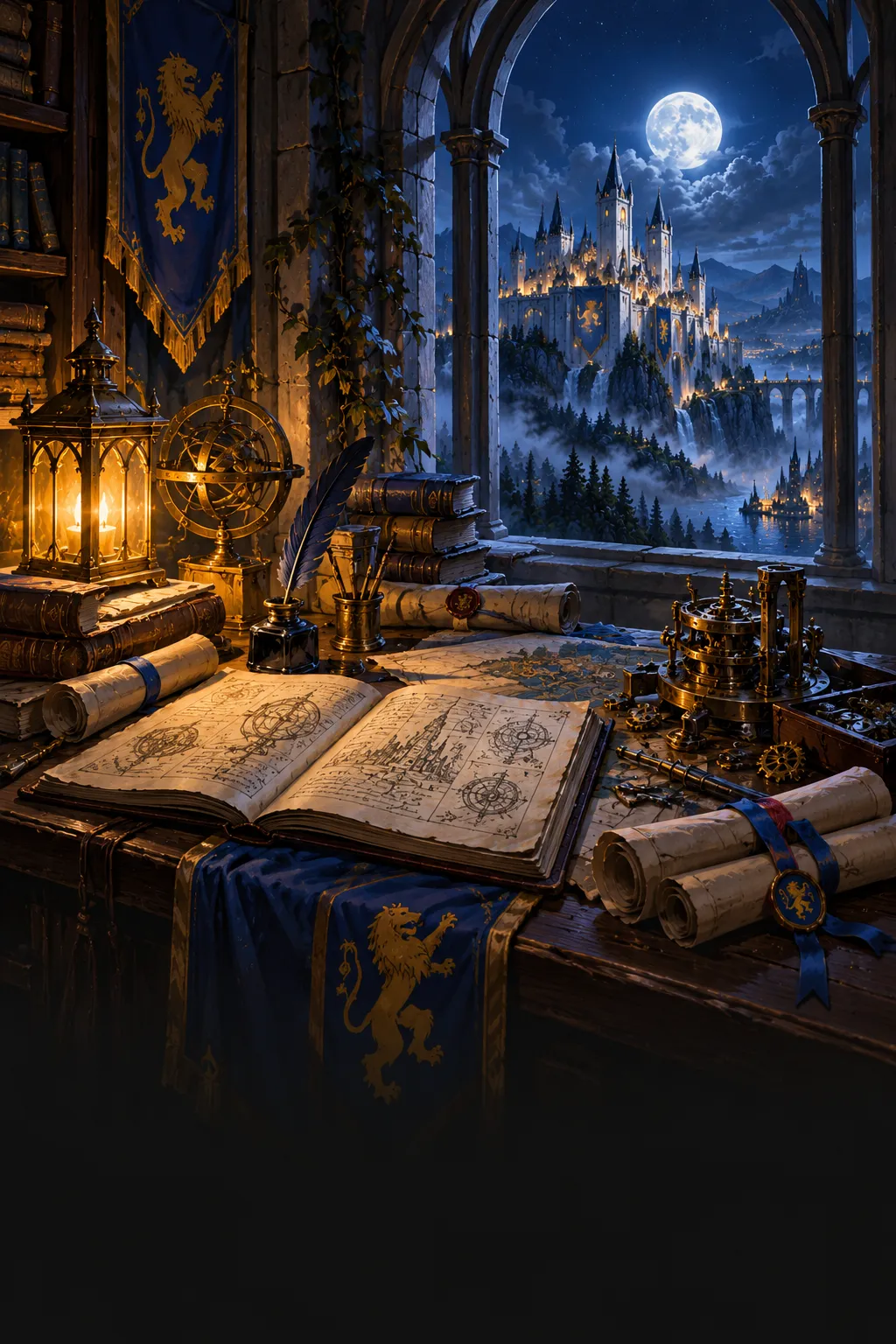 A tinkerer's desk by a moonlit window, covered in tomes, maps, brass gears and a lantern.