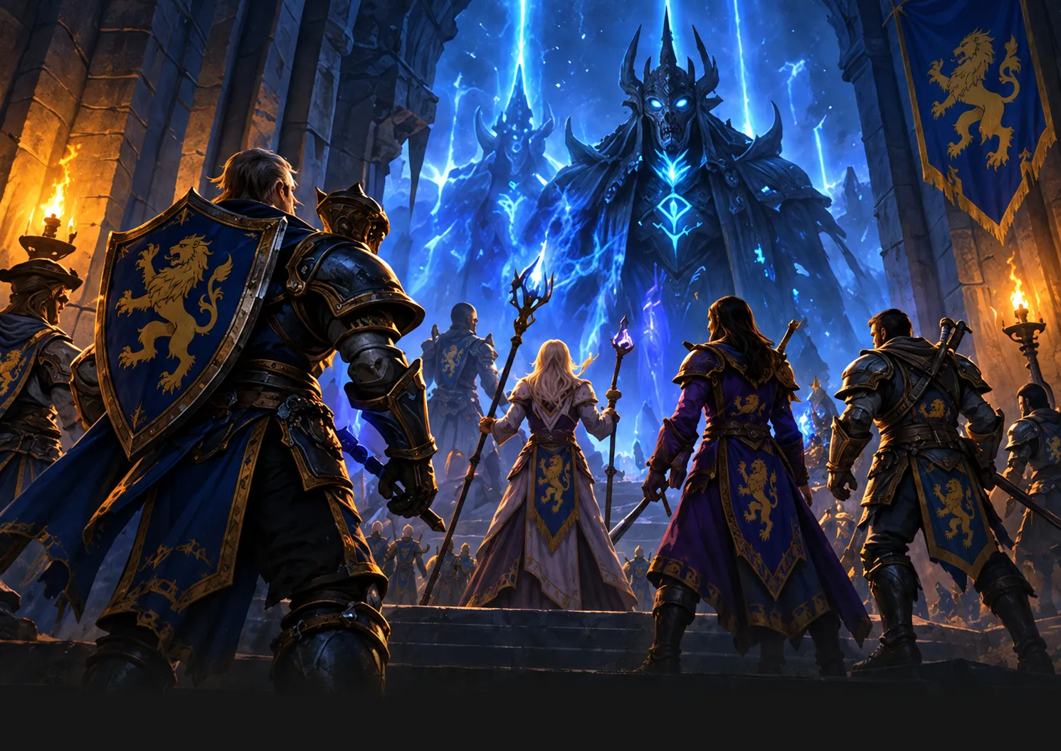 A raid group with lion-crested shields faces a towering boss wreathed in blue lightning.