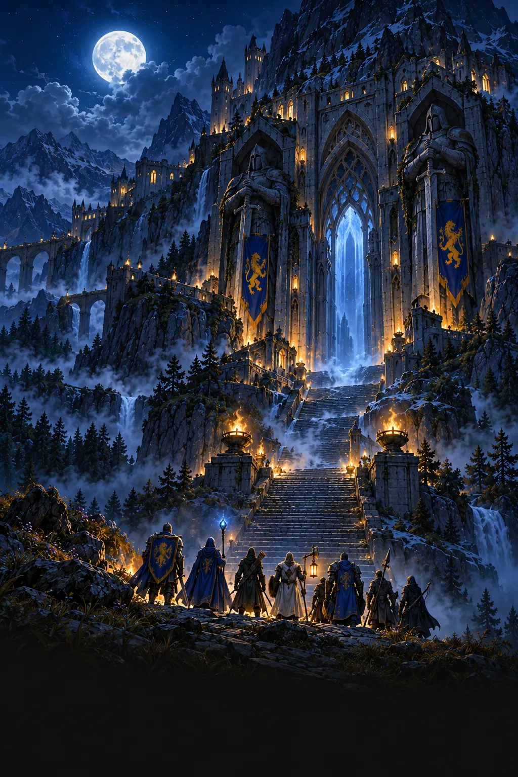 A raid party gathers at the foot of a torchlit stair below a mountain gate hung with lion banners.